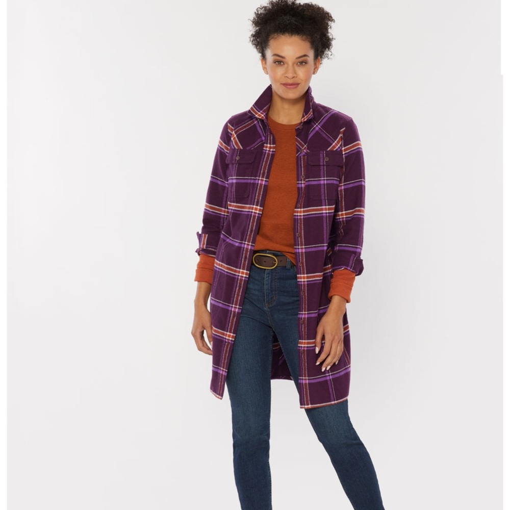 Duluth Trading Co Purple Plaid Utility Jacket Duster pocketed NWOT